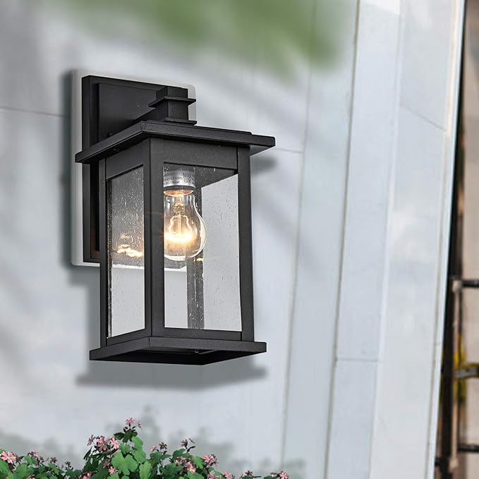 MICSIU 2-Pack Black Outdoor Wall Sconce, 12-Inch Modern Square Exterior Light Fixtures with Clear Seedy Glass, Anti-Rust Waterproof Outside Wall Mount Lantern for House, Porch, Garage, E26 Base