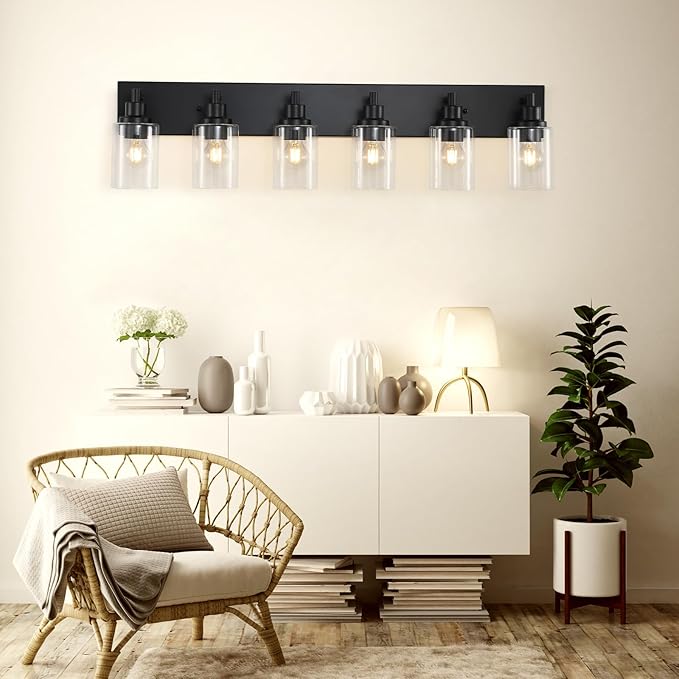 LOUSACE 6 Light Bathroom Vanity Light, Matte Black Bathroom Light Fixtures Over Mirror, Modern Bathroom Lighting with Clear Glass Shade, Black Farmhouse Wall Sconces Lighting Fixture