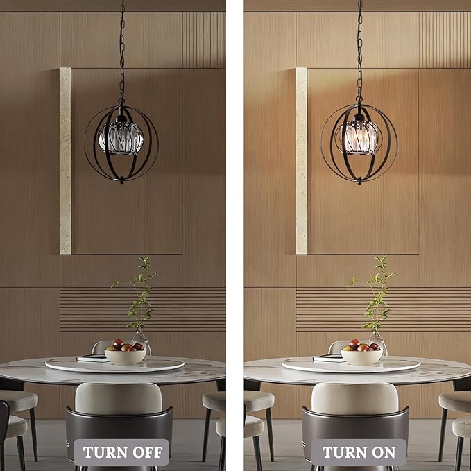 FRIXCHUR Black Crystal Pendant Light, Adjustable Hanging Light Fixture with Pumpkin-Shaped Crystal Shade, E26 Base Metal Lantern Pendant Ceiling Light for Kitchen Island, Dining Room, Entryway, Foyer