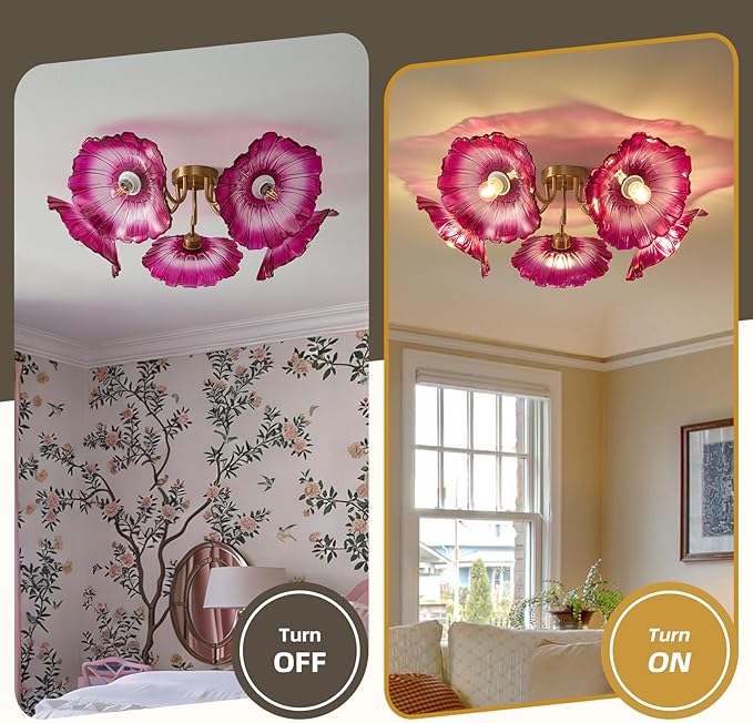 Flower Glass 5 Lights Ceiling Light - Red Vintage Floral Semi Flush Mount Chandelier Lighting Fixtures - Mid Century Modern Art Deco Lamp for Bedroom Bathroom Hallway Hall Laundry Kitchen Dining Room