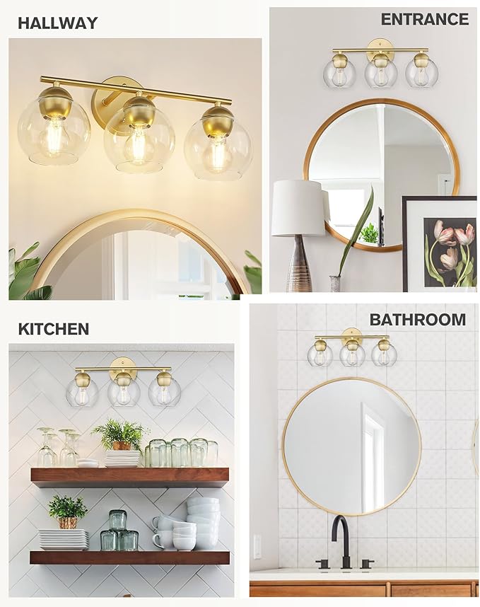 Emak 3-Light Gold Bathroom Light Fixtures Over Mirror, Globe Clear Glass Bathroom Vanity Lights, VL114-GDL-3