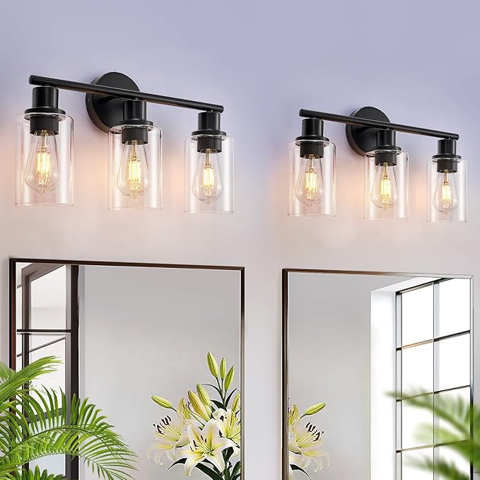 DLLT 3-Light Bathroom Light Fixtures: Black Modern Vanity Lights with 3 E26 Bulbs - Clear Glass Shade Bathroom Wall Lamp for Mirror Kitchen Living Room - 2 Packs