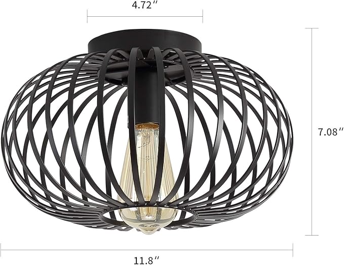 Fivess Lighting Modern Black Flush Mount Light Fixture Industrial Metal Cage Semi Flush Mount Ceiling Light for Hallway Living Room Kitchen Entryway Farmhouse