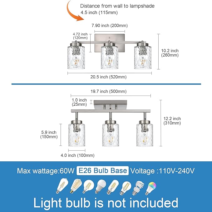 Track Ceiling Lighting,3 Light Vanity Lights for Bathroom Brushed Nickel Rotatable Track Head Wall Light Fixture with Clear Hammered Shade for Bedroom Cloakroom Entryway Balcony Hallway