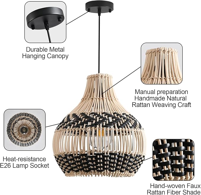 3-Pack Fax Rattan Pendant Light Fixture Mini Hand-Woven Black White Rattan Chandelier 10.24" Boho Wicker Hanging Lamp for Dining Living Bedroom Kitchen Farmhouse