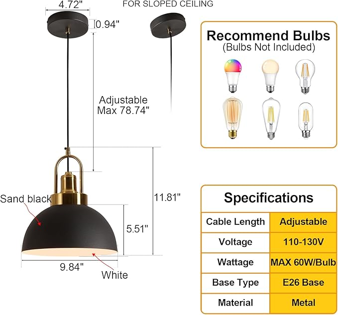 Vintage Industrial Pendant Light, Black and White 9.84 "Dome, Chandelier.78.74" line - Perfect for Kitchen Islands, Dining Rooms, hallways