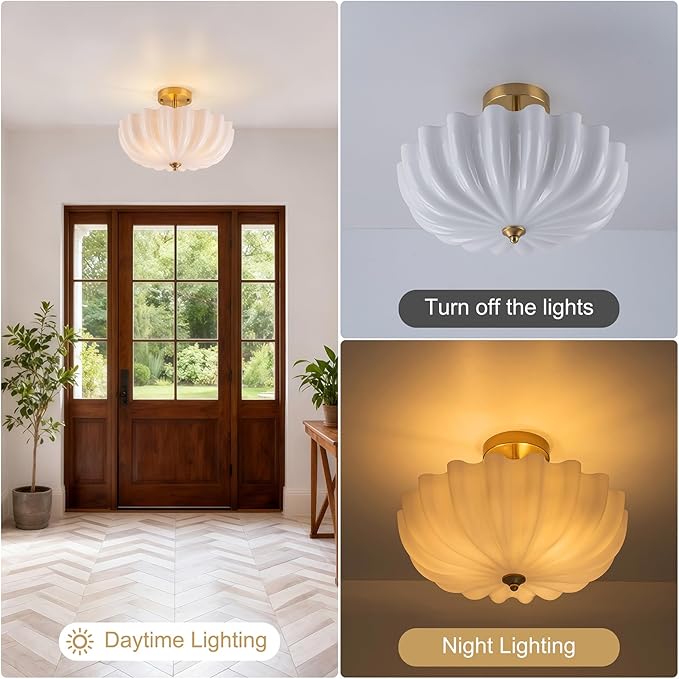 Milk Glass Ceiling Light Fixture, 15.7'' Vintage Gold Semi Flush Mount Ceiling Light, 3-Light Brass Modern Ceiling Light for Hallway Entryway Foyer Living Room,E26