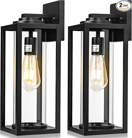 FILIYANO 16inch Large Outdoor Wall Lights - 2 Packs Modern Black Exterior Light Fixture with Clear Glass Shade, Waterproof Porch Lighting for House, Farmhouse Sconces Lantern for Front Door, Garage