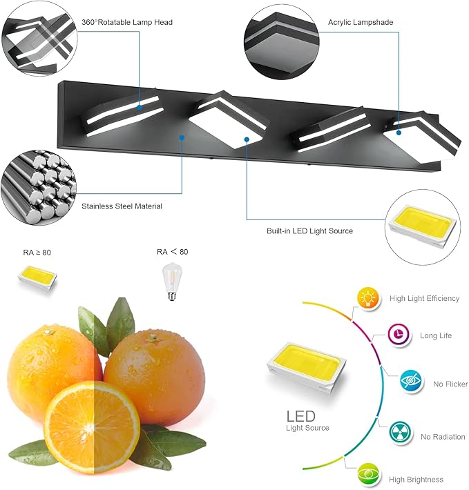SineRise LED Modern Bathroom Vanity Light Fixtures (4-Light, 30-Inch, Dimmable), Matte Black Modern Acrylic Bathroom Wall Lighting Fixtures Over Mirror (Cool White 6000K)