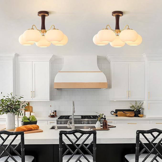 Vintage Flush Mount Ceiling Light 28" Large Semi Flush Mount Ceiling Light with 5-Light,Gold & Wood Design,Glass Lampshade,Ideal for Kitchen Bedroom Farmhouse
