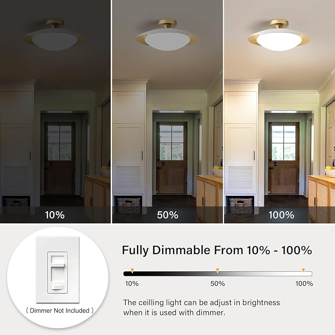 Dimmable Modern Mid-Century Ceiling Light, White and Gold LED Semi Flush Mount Ceiling Light, 5CCT 2700K-6000K Lighting Fixture Ceiling Lamp with Glass Shade for Bedroom Kitchen Living Room, 15.8in