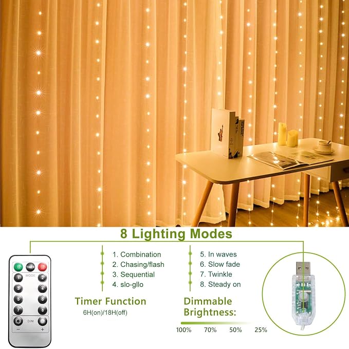 300 LED Curtain String Lights, Fairy String Lights with 8 Light Modes & Remote Controlled, 9.8x9.8ft Indoor Outdoor String Lights for Christmas, Weddings, Party, Bedroom, Wall, Window (Warm white)