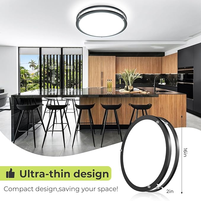 hepside Flush Mount LED Ceiling Light with Remote, Dimmable& 3000K-6500K Adjustable Ceiling Light Fixture, Timer, Night Light, 16 inch Black Ceiling Lamps for Kitchen Bathroom Bedroom Hallway