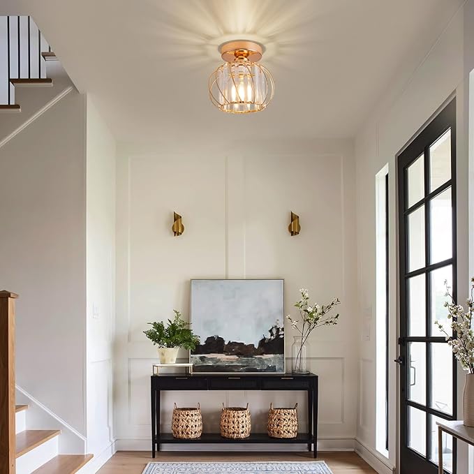 Semi Flush Mount Crystal Ceiling Light, Metal Cage Hallway Ceiling Lamps, Farmhouse Ceiling Light Fixture, Industrial Crystal Chandelier for Corridor Bathroom Kitchen (1, Gold, 7.5 Inch)
