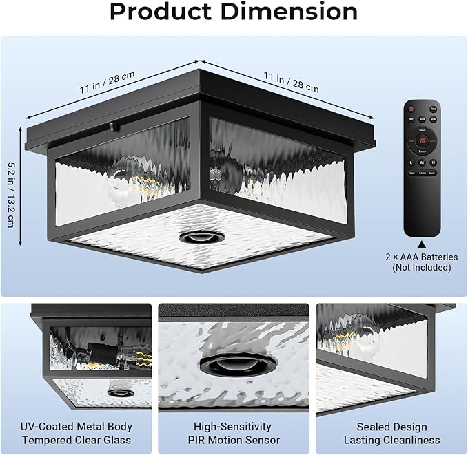 VIANIS Black Motion Sensor Outdoor Ceiling Light with Remote Control, Flush Mount Ceiling Lighting for Porch, Garage, Entryway, Adjustable Distance Time, 5 Modes, Water Ripple Glass, 2-Light(No Bulbs)