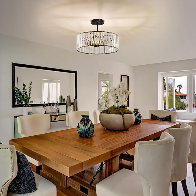 Black Crystal Ceiling Light Fixture, Modern Semi Flush Chandelier, Round Hanging Lighting Chandeliers for Dining Room, Kitchen, Bedroom, 3-Light, 15.74 Inch