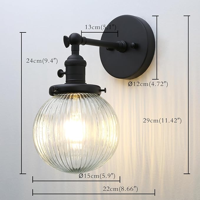 PERMO Vintage Industrial Wall Sconce Matte Black Single Wall Sconces with 5.9" Round Clear Globe Ribbed Glass Shade Hardwired Wall Light for Bedroom Livingroom Office