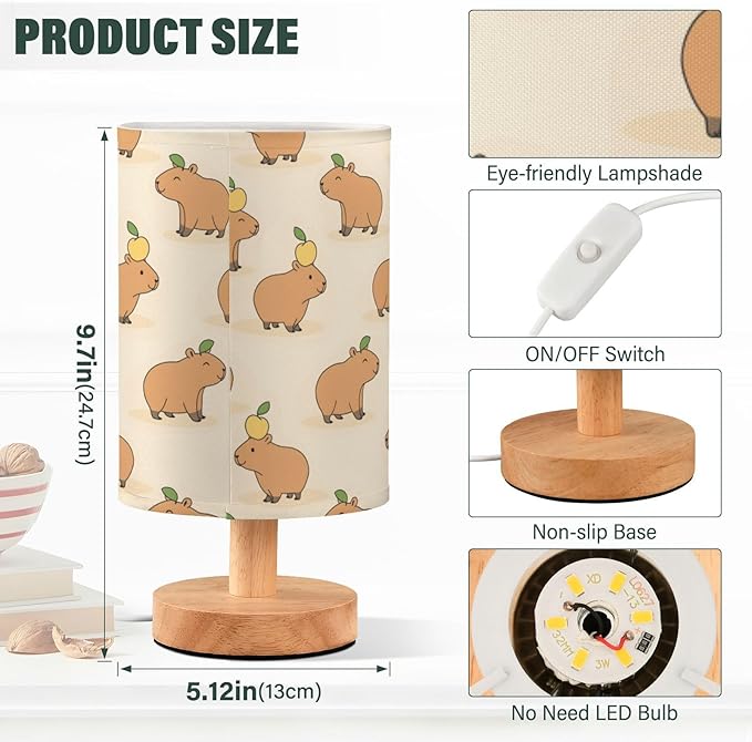 Aslsiy Cute Capybara Yellow Bedside Table Lamp Animal Nightstand Lamp Night Light Fabric Shade for Bedroom Living Room Home Office