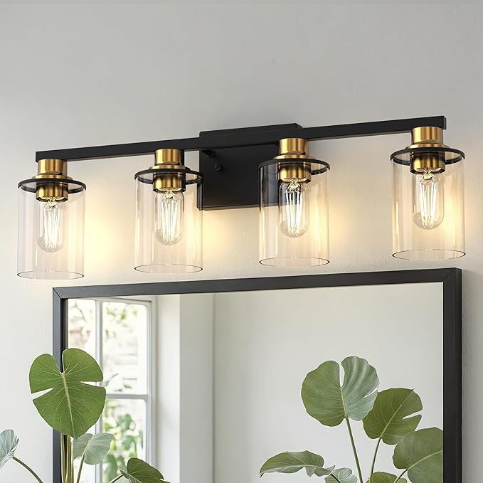 DORESshop Bathroom Light Fixtures, 4-Light Black and Gold Bathroom Vanity Light Over Mirror with Clear Glass Shade, Vanity Lights for Hallway Living Room Bedroom