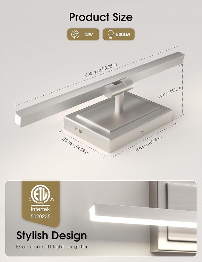 VOLISUN Modern Bathroom Vanity Light 15.7 inch, Rotatable, 12W Dimmable 5CCT Led Bathroom Light Fixture Over Mirror, Brushed Nickel Bar Vanity Light for Bathroom Mirror Restroom-ETL Certificated