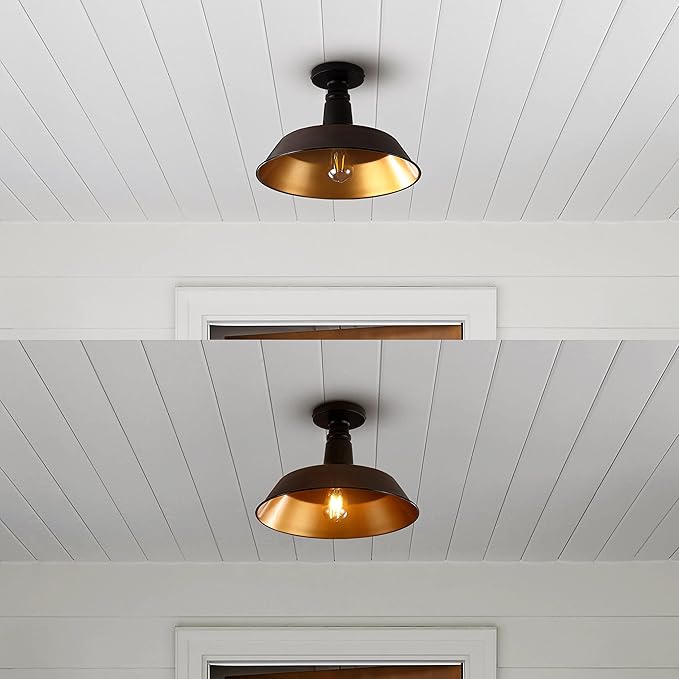JONATHAN Y 14" Oil Rubbed Bronze/Black Industrial LED Semi Flush Mount Ceiling Light for Porch, Kitchen, Entryway, Modern Farmhouse Iron Fixture, White Metal Shade, LED Bulb Included (JYL7617G)