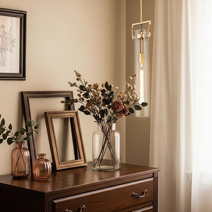 Brass Pendant Light Glass for Kitchen Island 1Pack , Gold Pendant Lights, Adjustable Hanging Chandelier with Glass Shade Modern Pendant Light Fixture for Farmhouse, Dining Room E26 Bulb Included