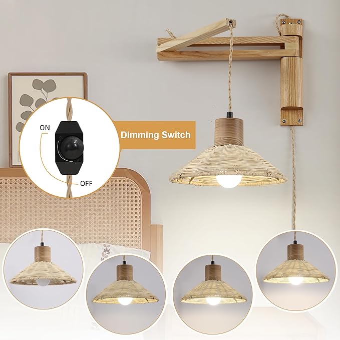 Wood Plug in Wall Sconces, Swing Arm Wall Lamp with Dimmable On Off Switch, Vintage Wall Mounted Light Fixture with Cord for Bedroom Nightstand Bedside Reading Lamp - Bulb Included