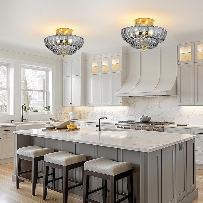 11.8 inch Kitchen Ceiling Light, 3-Light Semi Flush Mount Ceiling Lamp with Flower Glass, Modern Close to Ceiling Light Fixtures for Bathroom Bedroom Hallway Entryway, Smoky Grey