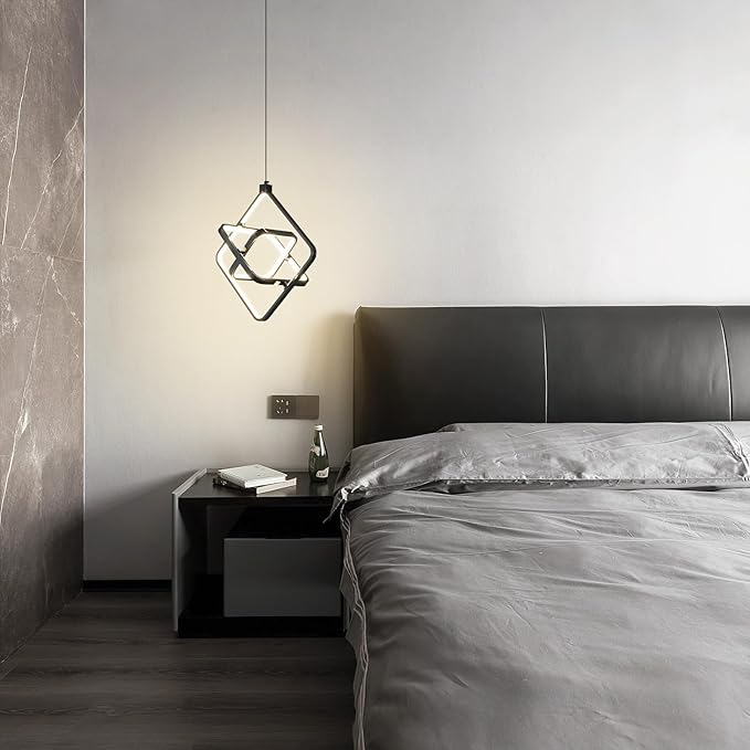 Modern LED Pendant Lights Plated Black Rectangular Pendant Light Fixtures 4000K 35W Dimmable Pendant Lighting for Dining Room Kitchen Island Bedroom Living Room Foyer（3-Ring）