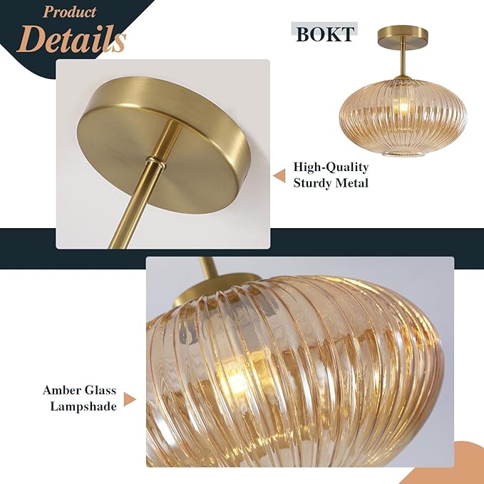 BOKT Vintage Brushed Brass Semi Flush Mount Ceiling Light Amber Ribbed Glass Pendant Light Mid Century Modern Gold Close to Ceiling Light Fixture for Indoor Use 9.8"