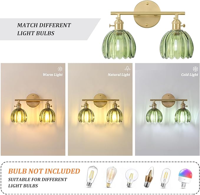 Shenmoyl Bathroom Light Fixtures, 2-Light Brass Vanity wall Light Over Mirror with Green Tulip Glass Shade for Bedroom Living Room (Bulb Not Included)