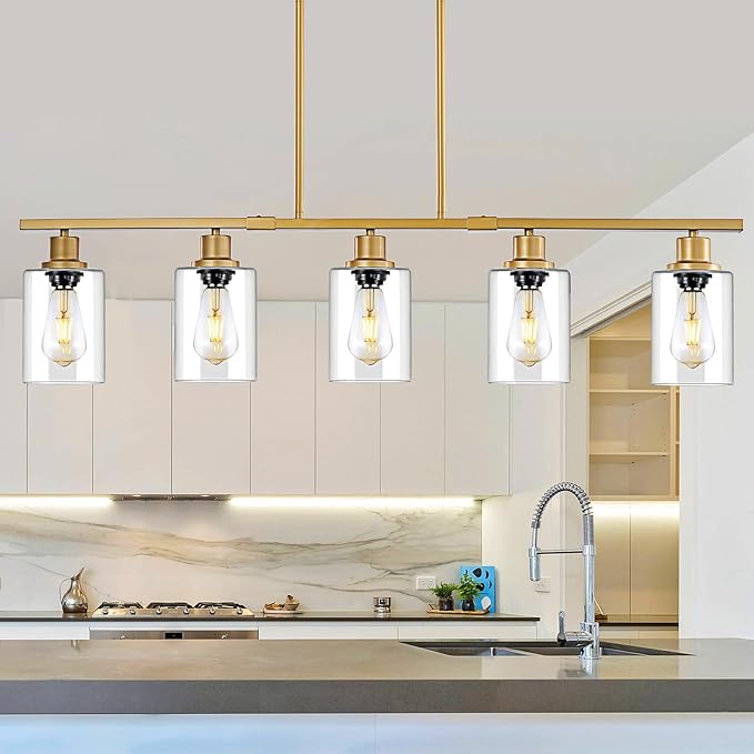 39.4" Kitchen Island Lighting, 5 Lights Clear Glass Pendant Light Fixtue, Golden Linear Metal Chandelier for Dining&Living Room Foyer,Height Adjustable,E26 Socket