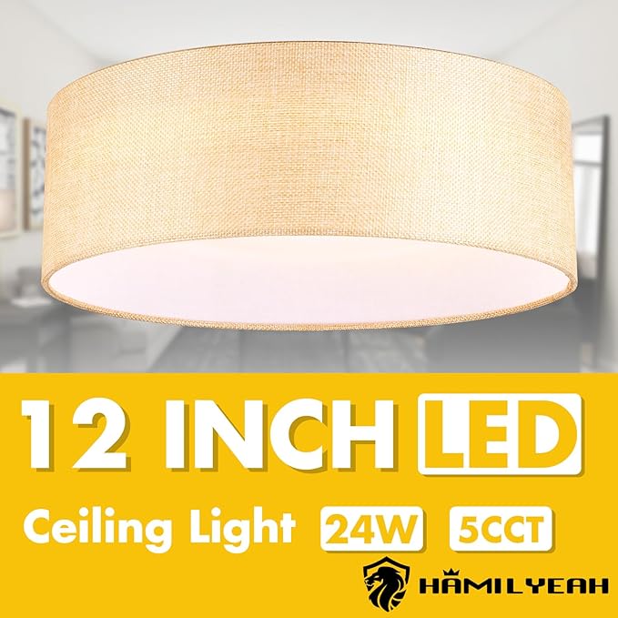 Hamilyeah 12 inch LED Flush Mount Ceiling Light, Gold Fabric, 24W 5CCT, Modern Kitchen Bathroom Living Room Lighting Fixture