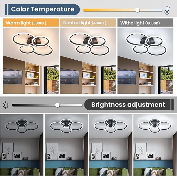 Black Modern Ceiling Light, 4 Rings Dimmable Flush Mount Ceiling Light with Remote, Acrylic Close to Ceiling Lighting Fixture for Dining Room Living Room Bedroom Kitchen (Black, 4 Heads)