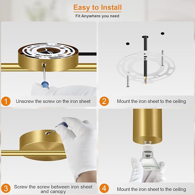 Plug in Track Lighting LED, Track Lighting Fixtures Ceiling, Gold 6-Light Kitchen Light Kit, Plug in Wall Light with 14.8ft Power Cord, Rotatable Ceiling Spotlight for Bedroom(GU10 Socket, NO Bulb)