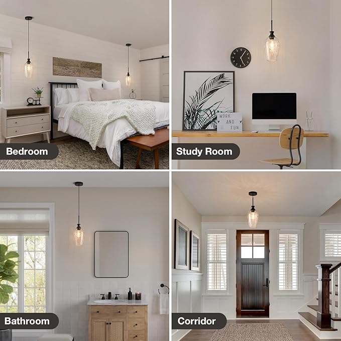 Modern Kitchen Pendant Lights,1-Light Black Pendant Light Fixtures with Hand-Blown Clear Glass Light Fixture for Kitchen Island Sink Dining Room Bedroom Hallway, E26 Bulb Not Includes