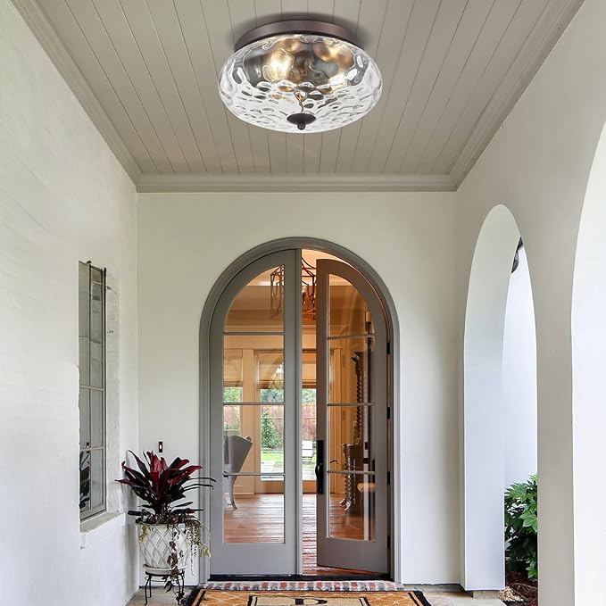 Darkaway Large Ceiling Light Fixtures, 3-Light Flush Mount Ceiling Light with Water Ripple Glass Shade for Indoor Outdoor Hallway Kitchen Bedroom Porch Living Room Oil-Rubbed Bronze Finish