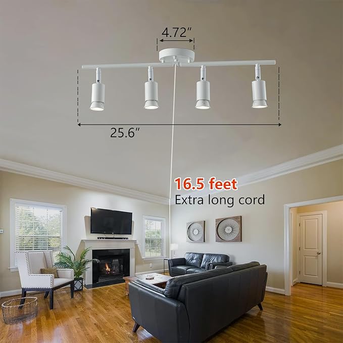 Dimmable 4 Light White Plug in Track Light White Plug in Ceiling Lighting Fixture with 16.4' Long Cord,4 Way Ceiling Spotlight,Rotatable Wall Mount Light Head,LED dimmable Spot Bulbs Included