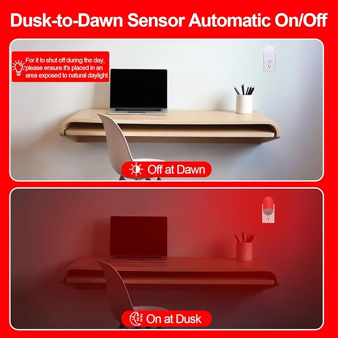 670nm Red Light Night Light for Sleep Therapy[2 Pack] - Zero Blue Light, with Dusk to Dawn Sensor Auto On/Off LED Red Night Light Plug into Wall for Nursery Bedroom Bathroom
