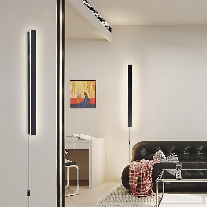 KELUOLY Modern Plug in Wall Lights, 31.4 inch Frosted Black LED Long Wall Sconce, 16W Warm White 3000K Acrylic Indoor Wall lamp,with 59" Plug Cable for Bedroom, Living Room, Hallway