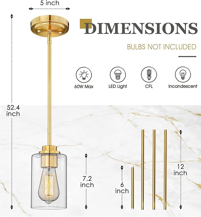 Brass Pendant Lights Kitchen Island 2 Pack, Farmhouse Gold Pendant Lighting with Clear Glass Shade, Mini Hanging Light Fixture for Kitchen Sink Dining, AD-22281-1P2-GD-C