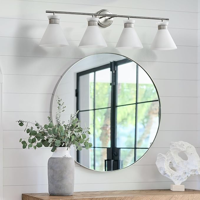 WOSHITU Bathroom Light Fixtures: Brushed Nickel 4 Lights Bathroom Vanity Lights Over Mirror with Milky White Frosted Glass Shade, 36 inch Farmhouse Vanity Lighting Sconce (Exclude E26 Bulb)
