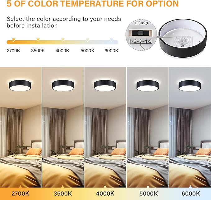 Black Flush Mount Ceiling Lights, Modern Dimmable 5CCT Close to Lighting Fixture, 2700K-6000K LED Round Ceiling Lamp for Kitchen Hallway Bedroom Laundry Room Entryway Bathroom-11.8in