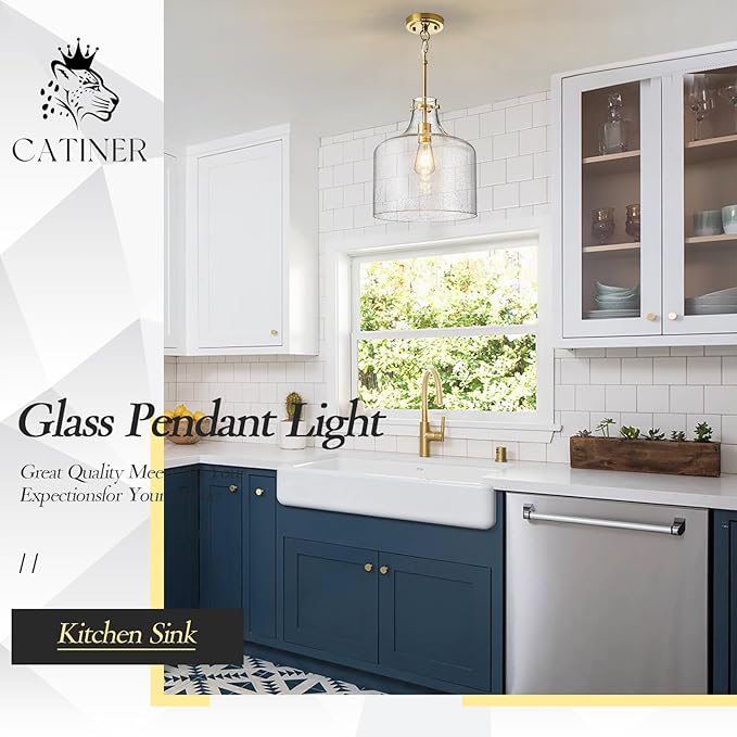 CATINER 12" Gold Glass Pendant Light, Seeded Bubble Shade Modern Farmhouse Hanging Light for Kitchen Island, Dining Room, E26 Dimmable Ceiling Fixture