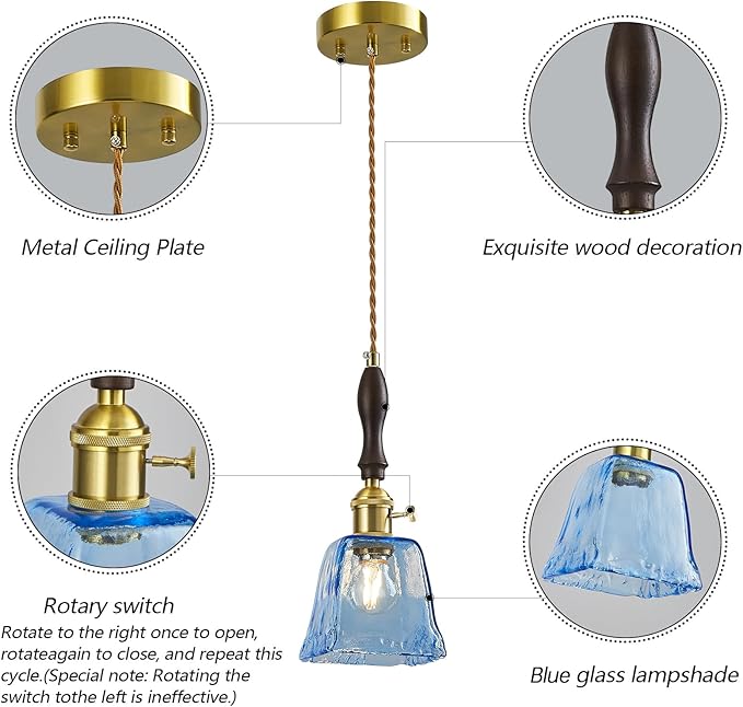 Blue Glass Vintage Pendant Light Height Adjustable Handmade Glass Pendant Lights Kitchen Island Gold Hanging Light Fixture with Wood Handle for Bedroom Dining Room Hotel (1 Pack)