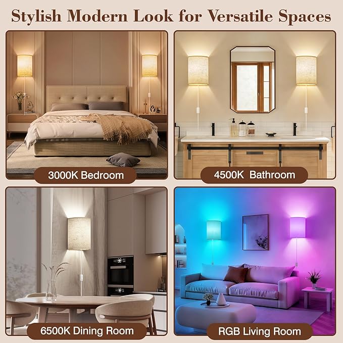 Plug in Wall Sconces Set of Two: Wall Lights with 7 RGB Colors - 3 Color Temperature Wall Mount Lamps with Remote - Fabric Linen Wall Sconc for Bedroom Living Room & Hallway- Indoor Corded Wall Sconce