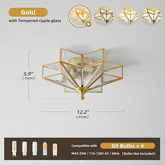 Star Brass Vintage Ceiling Light - 12.2 in Small Hammered Glass Antique Brushed Gold Flush Mount Fixture, Mid Century Art Deco Overhead Lighting for Kitchen Hallway Bedroom Bathroom Laundry Entryway