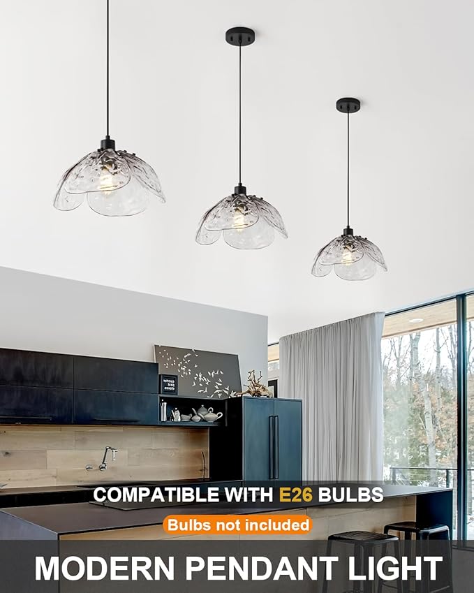 Vintage Gradient Smoke Gray Pendant Light,Black Pendant Lighting Fixture with Handmade Leaf Glass for Bedroom,Kitchen,Hallway,Entryway