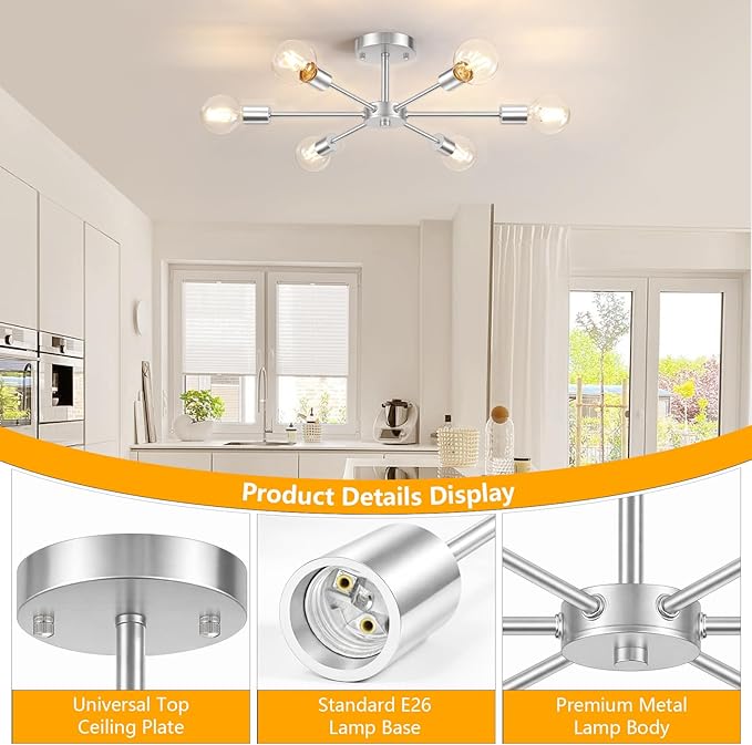 Lomoky 6-Lights Brushed Nickel Kitchen Light Fixtures Ceiling Mount, Modern Semi Flush Mount Ceiling Light, Sputnik Close to Ceiling Light for Bedroom Dining Room Hallway