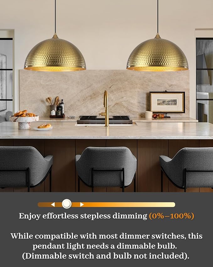 Gold Pendant Light 16 inch, Hammered Large Dome Pendant Light, Industrial Farmhouse Pendant Lights Kitchen Island, Gold Kitchen Pendant Lights for Kitchen, Dining Room Living Room 2 Pack
